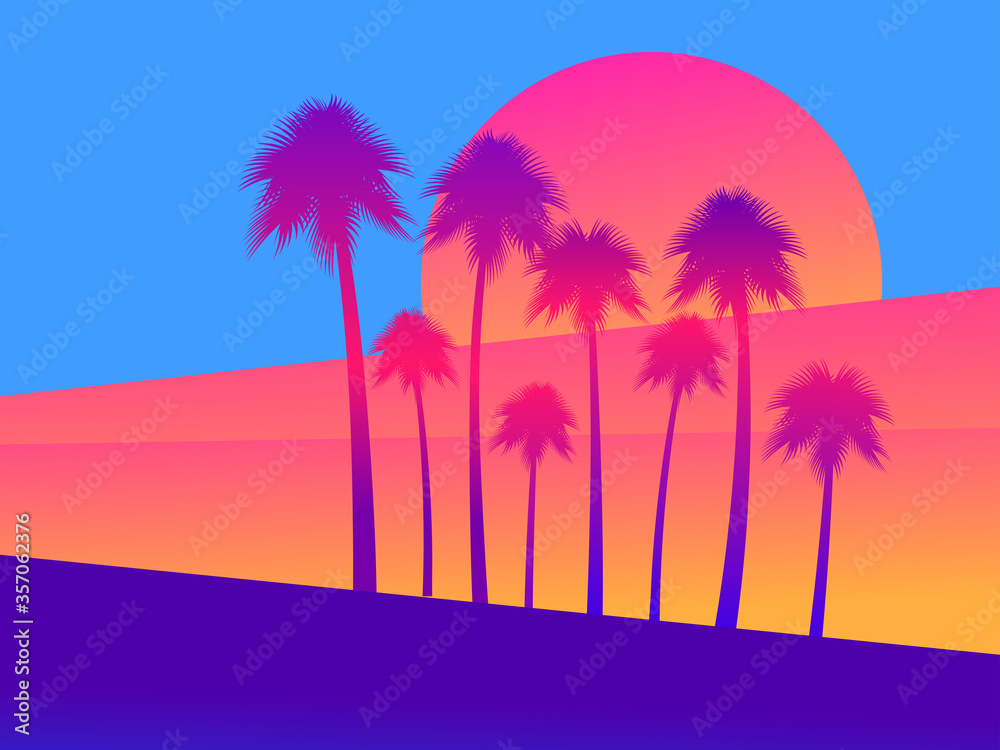 Tropical palm trees on a sunset background, a gradient of scarlet yellow. Vector illustration