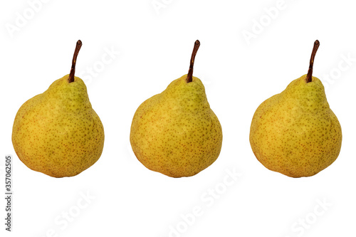 Three identical pears with a stalk side by side in a row on a white background.