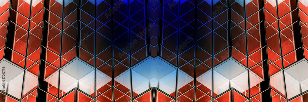 underside panoramic and perspective view to steel glass high rise building skyscrapers, business concept of successful industrial architecture