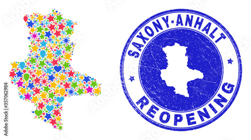 Celebrating Saxony-Anhalt Land map collage and reopening grunge seal. Vector mosaic Saxony-Anhalt Land map is organized of random stars, hearts, balloons.