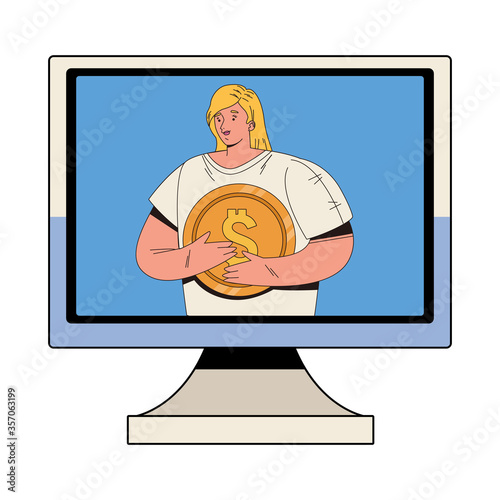 woman with coin money dollar in desktop