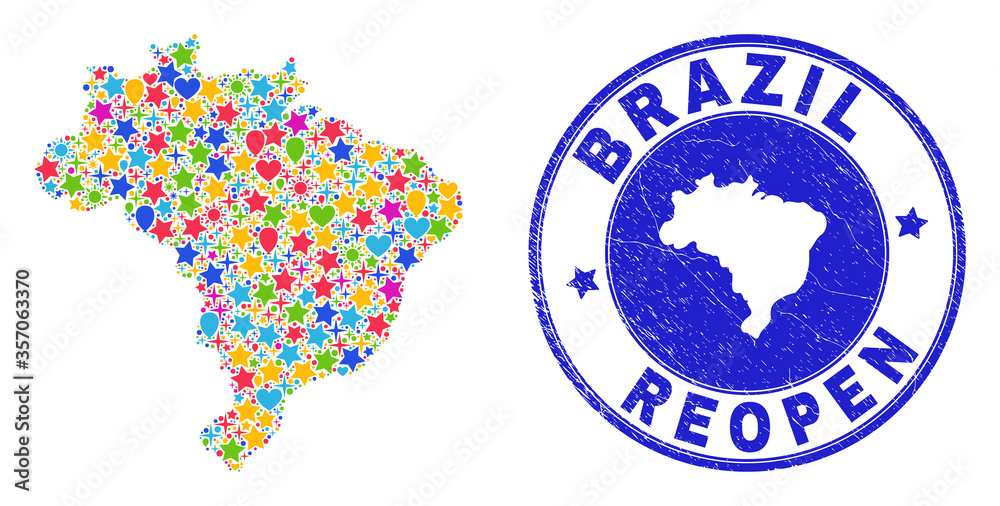 Celebrating Brazil map mosaic and reopening unclean stamp. Vector mosaic Brazil map is done of scattered stars, hearts, balloons. Rounded rough blue stamp imprint with scratched rubber texture.