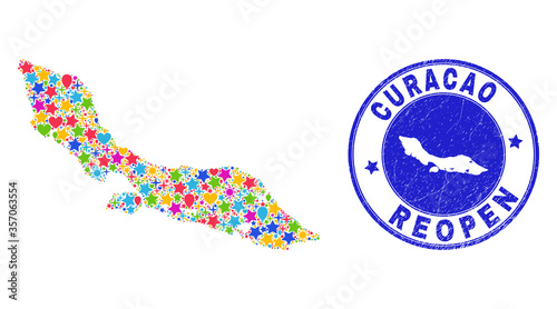 Celebrating Curacao Island map mosaic and reopening rubber stamp seal. Vector mosaic Curacao Island map is designed of randomized stars, hearts, balloons.