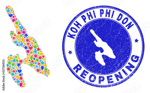 Celebrating Koh Phi Don map collage and reopening scratched stamp seal. Vector collage Koh Phi Don map is organized with scattered stars, hearts, balloons.