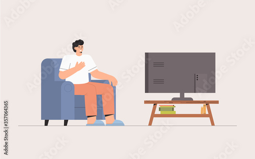 Man sitting on sofa watching tv news at home. Shock content, negative news. Flat style vector illustrataion.
