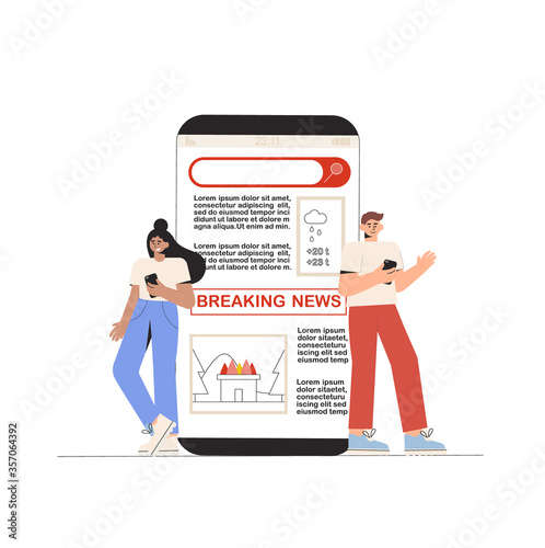 Young man and woman watching breaking news on the phone screen. Flat style vector illustration. Internet media concept.