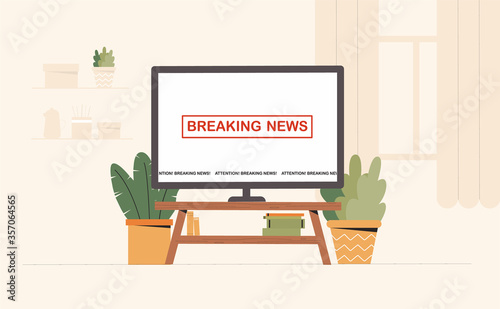 TV on the screen breaking news on the table in a cozy room in a modern interior. Flat style vector illustration.