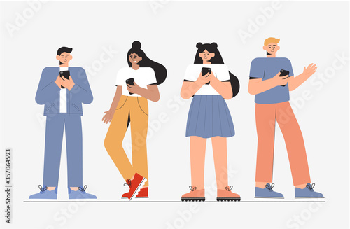 Group of young people male and female standing and using phone. Concept of online communication, chatting, social networks, viewing news on the Internet. Flat style vector illustration.