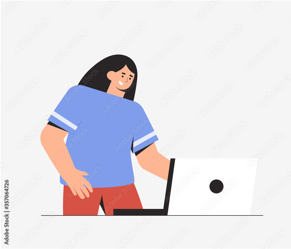 Woman reads or watch negative, shocking and fake news on the Internet in laptop. Flat style vector illustrataion.