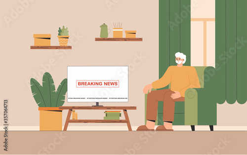 Grandfather sitting on sofa watching tv news at home in cozy room. Flat style vector illustration.