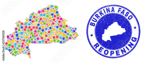 Celebrating Burkina Faso map mosaic and reopening rubber seal. Vector mosaic Burkina Faso map is formed with random stars, hearts, balloons. Rounded awry blue seal with unclean rubber texture.