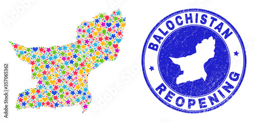 Celebrating Balochistan Province map collage and reopening grunge stamp. Vector collage Balochistan Province map is organized of random stars, hearts, balloons.