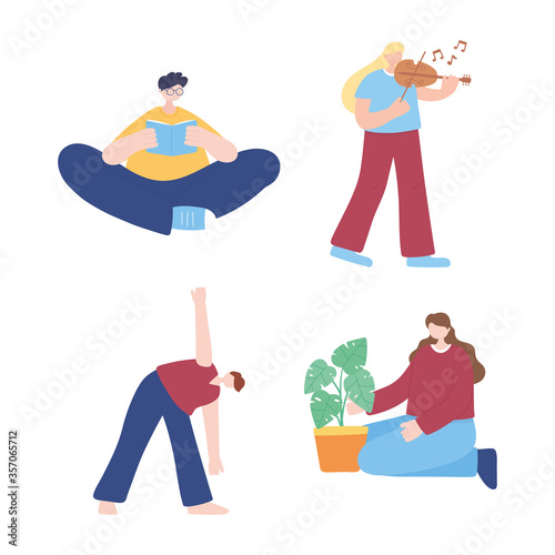 stay at home, young people practicing yoga reading and gardening, self isolation, activities in quarantine for coronavirus