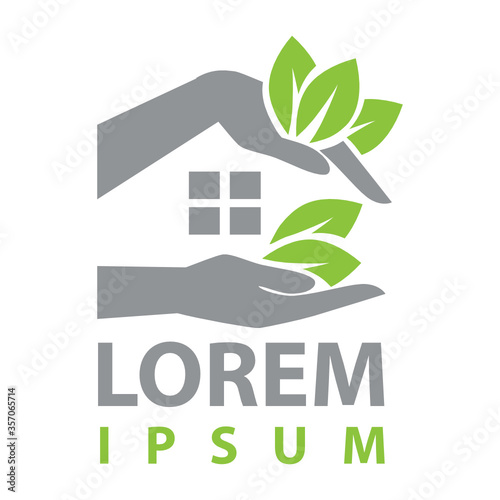 hands with green leaves created house shape 