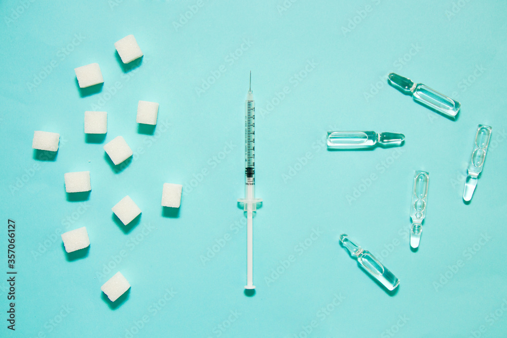 diabetes and insulin addiction concept, sugar and insulin syringe, blood sugar control diabetes and insulin addiction concept, sugar and insulin syringe, blood sugar control