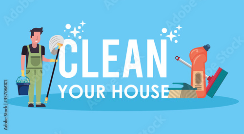 man working with housekeeping tools disinfect your house