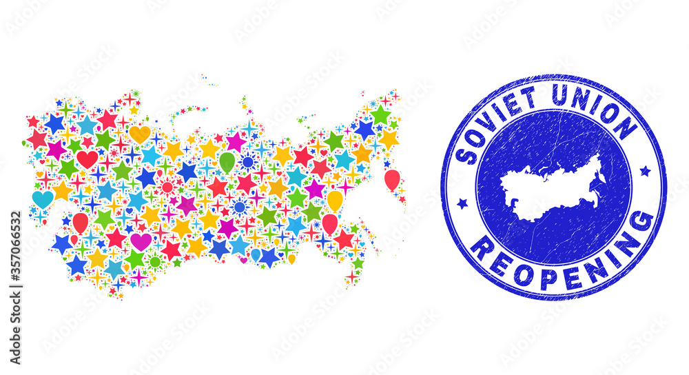 Celebrating Soviet Union map collage and reopening rubber stamp. Vector collage Soviet Union map is organized from scattered stars, hearts, balloons.