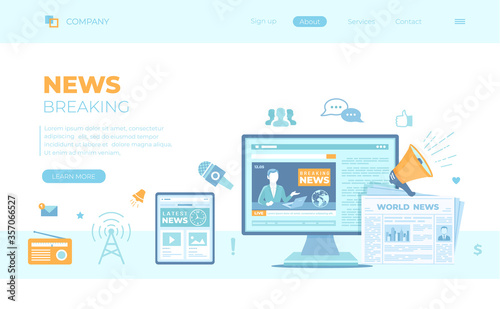 News Update, Online news. Breaking news website with broadcaster on the monitor and tablet screen, newspaper, radio, megaphone. Can use for web banner, landing page, web template.
