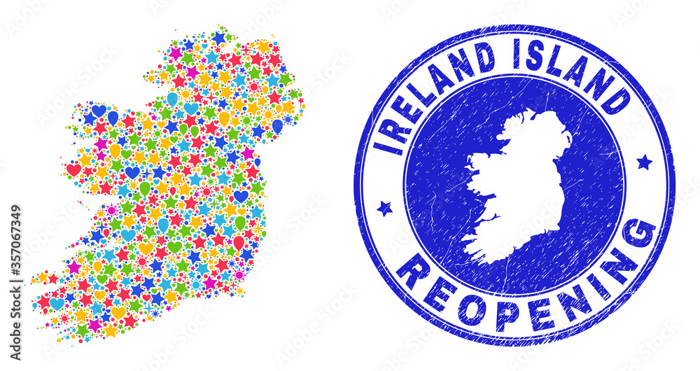 Obraz premium Celebrating Ireland Island map mosaic and reopening grunge stamp. Vector mosaic Ireland Island map is organized of randomized stars, hearts, balloons.
