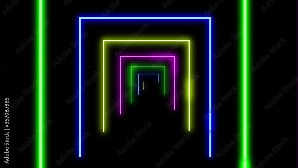 Abstract background with neon tunel bright lines geometric shapes, looped animation. Colored lights grid loop background.