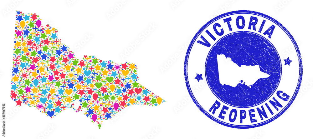 Celebrating Australian Victoria map collage and reopening rubber seal. Vector collage Australian Victoria map is made with randomized stars, hearts, balloons.