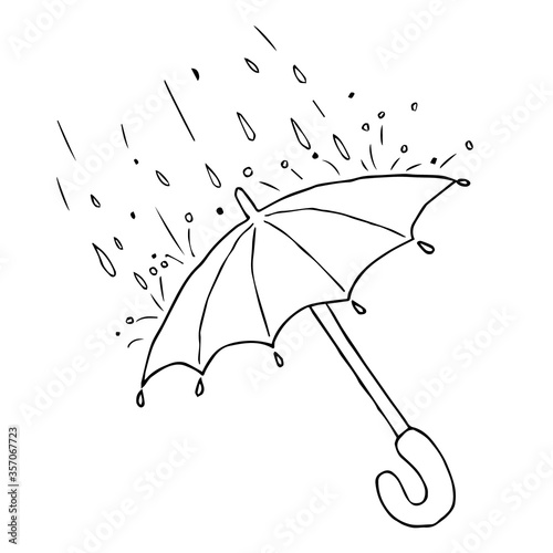 Vector illustration doodle of umbrella and rainy weather isolated on white background. Hand drawn design print, logo, symbol, decor, textile, paper.