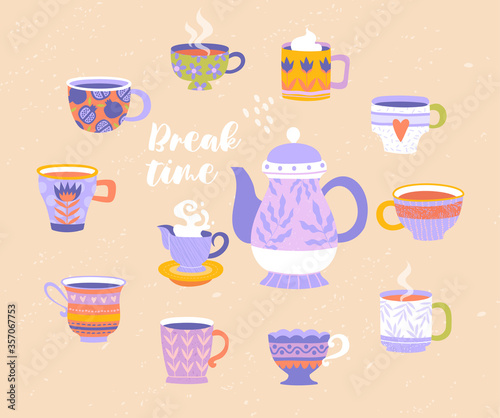 Break or Teatime with teapot and milk jug surrounded by assorted colorful patterned tea and coffee cups, colored vector illustration