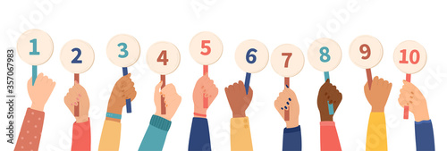 Long line of diverse hands holding up placards with numbers 1 through 10 isolated on white for design elements, colored vector illustration