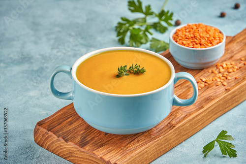 Red lentil soup. Traditional middle eastern, turkish , ramadan cuisine. Vegan food