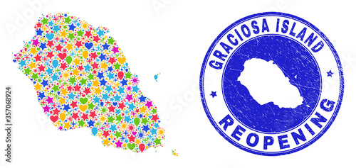Celebrating Graciosa Island map collage and reopening rubber watermark. Vector collage Graciosa Island map is made with random stars, hearts, balloons.