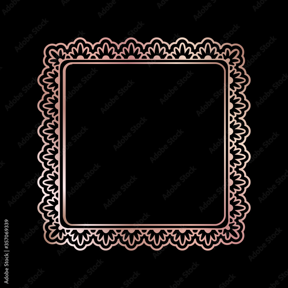 Rose golden shiny glowing ornate sqaure frame isolated over black