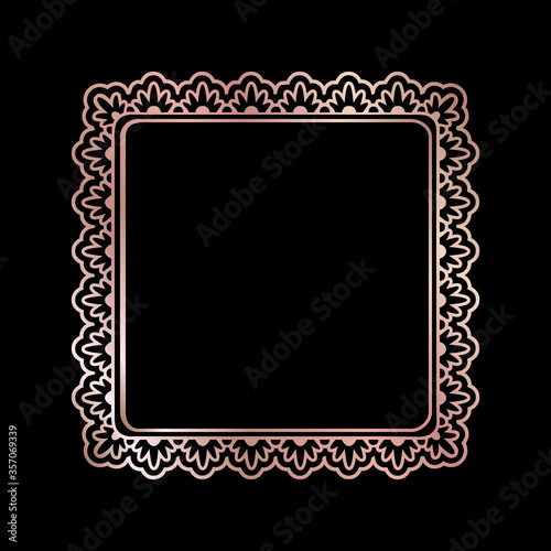 Rose golden shiny glowing ornate sqaure frame isolated over black