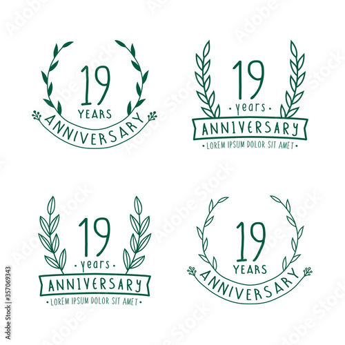 19 years anniversary logo collection. 19th years anniversary celebration hand drawn logotype. Vector and illustration.
