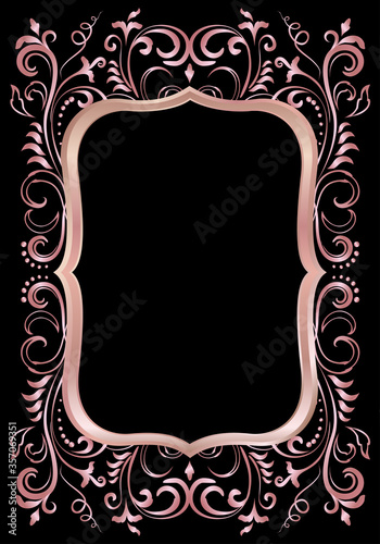 Rose golden shiny glowing ornate frame isolated over black