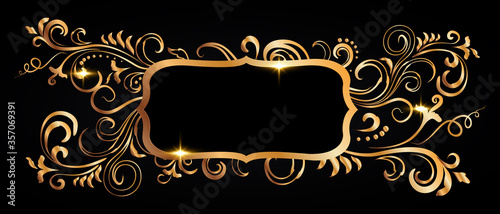 Golden shiny glowing ornate frame isolated over black