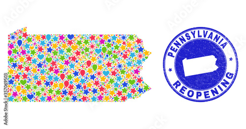 Celebrating Pennsylvania State map mosaic and reopening corroded stamp seal. Vector mosaic Pennsylvania State map is formed of randomized stars, hearts, balloons.