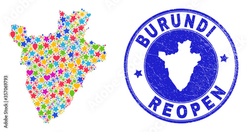 Celebrating Burundi map mosaic and reopening rubber seal. Vector mosaic Burundi map is formed of random stars, hearts, balloons. Rounded awry blue stamp imprint with distress rubber texture.