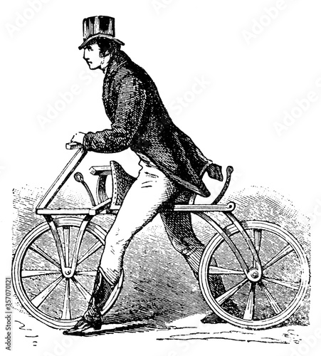 Karl von Drais on his original Laufmaschine. Illustration of the 19th century. White background. photo