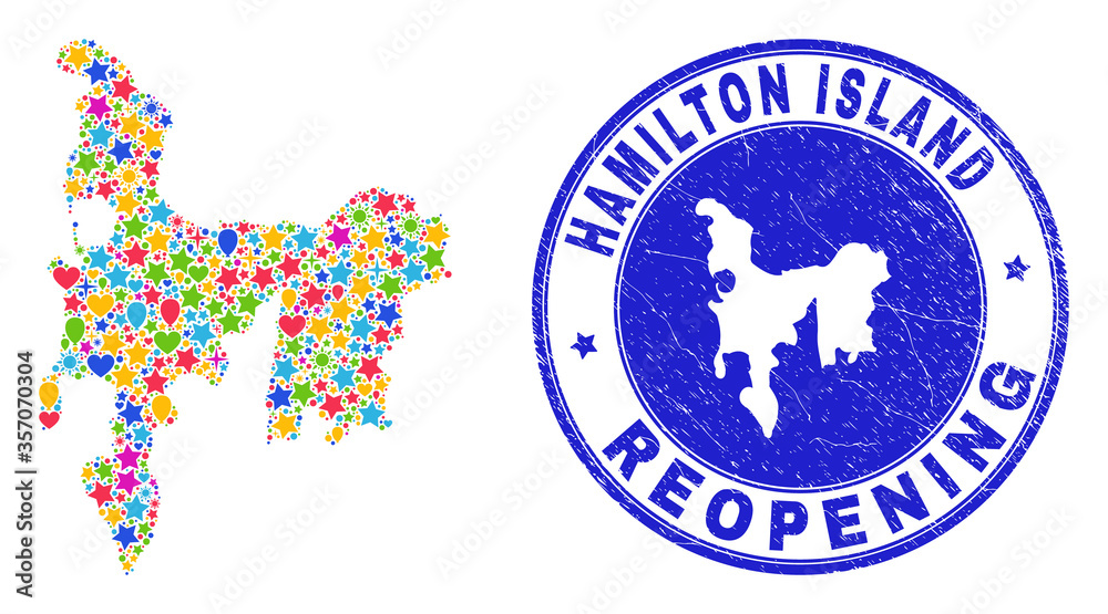 Celebrating Hamilton Island map mosaic and reopening rubber stamp. Vector mosaic Hamilton Island map is organized of randomized stars, hearts, balloons. Celebrating Hamilton Island map mosaic and reopening rubber stamp. Vector mosaic Hamilton Island map is organized of randomized stars, hearts, balloons.