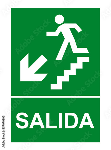 Cartel Salida con flecha abajo evacuación escaleras