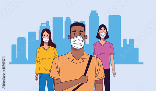 young interracial people wearing medical masks characters