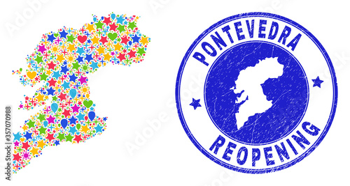 Celebrating Pontevedra Province map collage and reopening corroded stamp seal. Vector mosaic Pontevedra Province map is formed of randomized stars, hearts, balloons.
