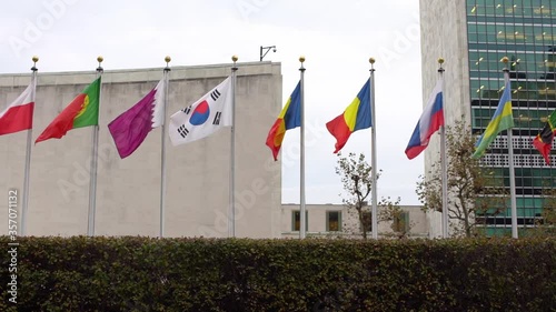 Slow motion flags in front of United Nations in New York City