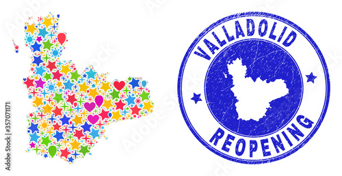 Celebrating Valladolid Province map mosaic and reopening dirty seal. Vector mosaic Valladolid Province map is created with random stars, hearts, balloons.