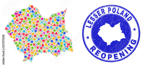 Celebrating Lesser Poland Voivodeship map mosaic and reopening scratched stamp seal. Vector mosaic Lesser Poland Voivodeship map is constructed from scattered stars, hearts, balloons.