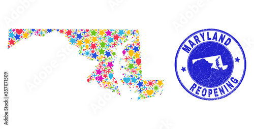 Celebrating Maryland State map collage and reopening rubber watermark. Vector collage Maryland State map is composed with random stars, hearts, balloons.