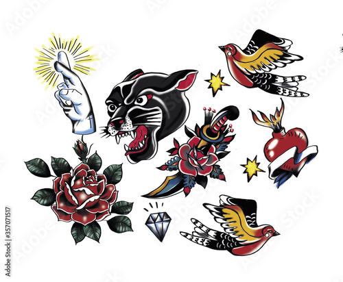 Old tattooing school colored icons set with swallow rose heart cup of tea knife head of panther brilliant stars symbols isolated illustration