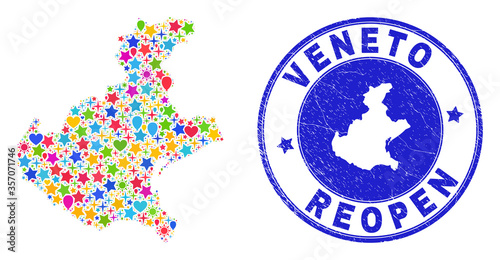 Celebrating Veneto region map collage and reopening corroded stamp. Vector collage Veneto region map is composed with scattered stars, hearts, balloons.