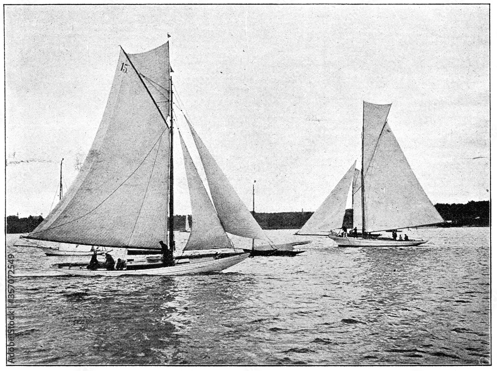 Sailing Regatta. Illustration of the 19th century. White background.