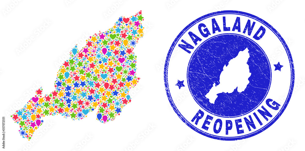 Celebrating Nagaland State map mosaic and reopening textured stamp seal. Vector mosaic Nagaland State map is formed of randomized stars, hearts, balloons.
